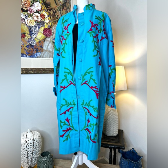 Gretchen Scott Twill Twig Jacket Turquoise Embroidered Button Front Medium - Picture 3 of 13